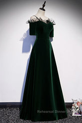 A-Line Green Velvet Spaghetti Straps Semi Formal Prom Dress, Green Wedding Party Dress